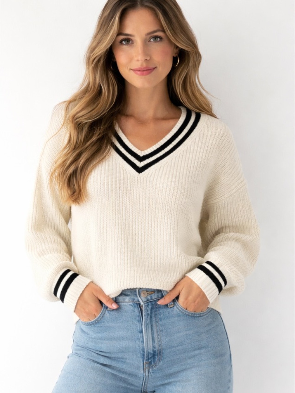 V-Neck Cream Sweater with Black Stripe Trim